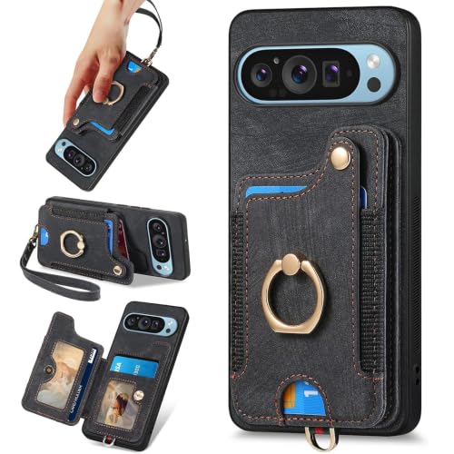 for Google Pixel 11 Pro XL Phone Case Wallet Card Holder,PU Leather Flip Folio Case,RFID Blocking Ring Holder Kickstand Wrist Strap Magnetic Protective Women Men Cover Black - color: Black, size: Pixel 11 Pro XL