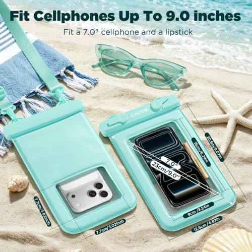CACOE Floatable Waterproof Phone Pouch 2 Pack Up to 9.0", Pink+Green | Floatable, IPX8 Waterproof Phone Case,Adjustable Lanyard,Dry Bags for Beach/Cruise/Travel/Camping/Kayak/Vacation Essentials - color: Pink+Green#1, size: Up to 9.0"-Floatable