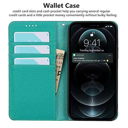 iCoverCase Compatible with iPhone 13 Pro Wallet Case with Credit Card Holder and Wrist Strap, RFID Blocking Genuine Leather Flip Magnetic Phone Cover 6.1 Inch (Blue-Green) - color: 1-Blue-Green (No Headphone Storage Belt), size: iPhone 13 Pro