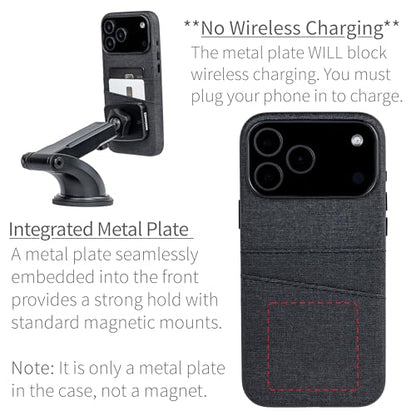 Dockem Card Case for iPhone 17 Pro Max with Magnetic Mounting Plate, Camera Control Button, Wallet with 2 Holder Slots: M2 Luxe Canvas-Style Synthetic Leather (Charcoal Black) - color: Charcoal black, size: 17 Pro Max