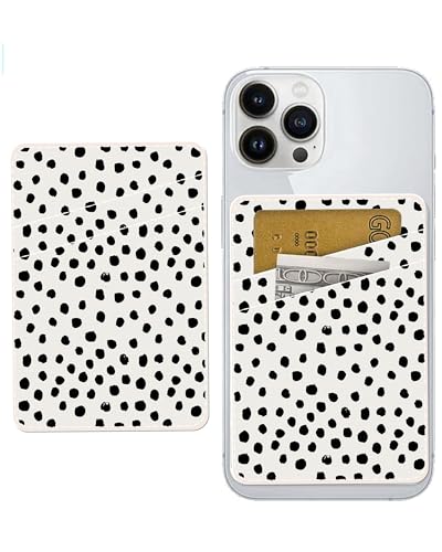 Phone Card Holder Leather, Dual Pocket Phone Wallet Adhesive Stick On, Cute Phone Case Credit Card Holder, Suitable for Most of Phones Cute Polka Dots