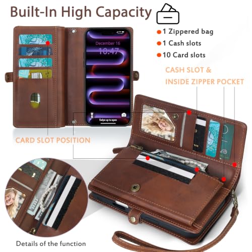 for Wallet Case Compatible with iPhone 16 Pro,Multi-Function Detachable 2 in 1 Magnetic iPhone 16 Pro Case Wallet,Flip Strap Zipper Card Holder Phone Case with Shoulder Straps(Brown) - color: Brown, size: iPhone 16 pro