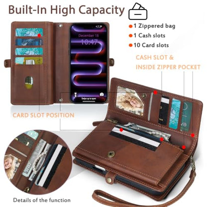 for Wallet Case Compatible with iPhone 16 Pro,Multi-Function Detachable 2 in 1 Magnetic iPhone 16 Pro Case Wallet,Flip Strap Zipper Card Holder Phone Case with Shoulder Straps(Brown) - color: Brown, size: iPhone 16 pro