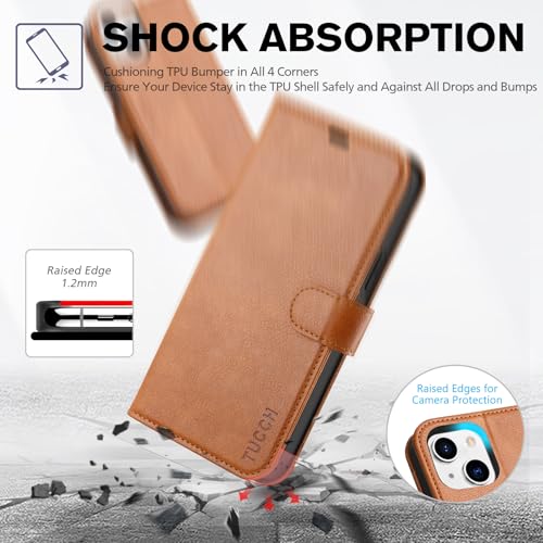 TUCCH Wallet Case for iPhone 13 (6.1") 2021, 3 Card Slots, Light Brown | RFID Blocking, Viewing Stand, Shockproof TPU Shell, PU Leather, Magnetic Closure, Protective Folio Flip Cover - color: Brown - Textured