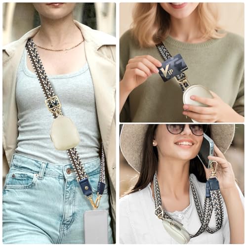 UKON Adjustable Phone Lanyard Crossbody Strap With Wallet Clip-and-Go Strap with Zippered Pouch Widened Phone String for iPhone Hands-Free for Travelling Concerts - color: Black+beige
