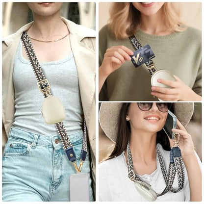 UKON Adjustable Phone Lanyard Crossbody Strap With Wallet Clip-and-Go Strap with Zippered Pouch Widened Phone String for iPhone Hands-Free for Travelling Concerts - color: Black+beige