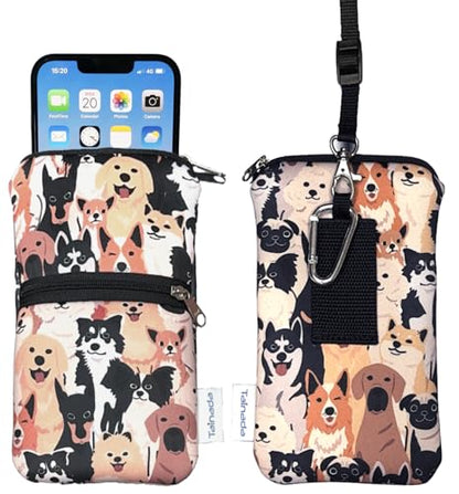 Tainada 2-Zip Neck Phone Pocket Bag w/Belt Loop (Doodle Dogs Style 1) | For Men/Women; Water-resistant neoprene pouch, shockproof, lightweight, w/carabiner; Compatible with most of smartphones - color: Mosaic Pattern 1