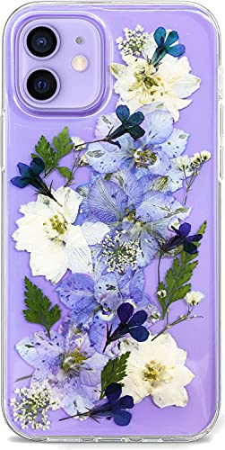 Abbery Designed for iPhone 12/12 Pro Pressed Flower Case, Cute Clear with Design Soft TPU Transparent Dried Real Flower Purple Floral Aesthetic Phone Case for Women Girls Kids (Navy Flower) - color: Navy Flower, size: for iPhone 12/12 Pro