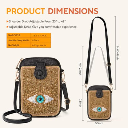 Women's Small Crossbody Cell Phone Bag, Boho Colorful Beaded Purse Wallet with Handmade Cute Patterns - color: Eye-gold