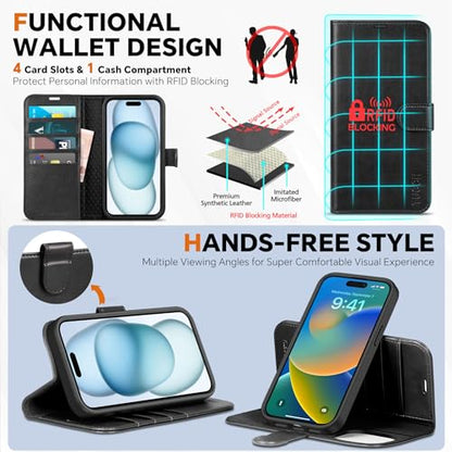 TUCCH 2-in-1 Detachable Wallet Case for iPhone 15 (6.1") 2023, Black | 4 Card Holders, RFID Blocking, Wireless Charging, Kickstand, Shockproof TPU, PU Leather, Magnetic, Folio Cover - color: Black (2-in-1 Detachable)