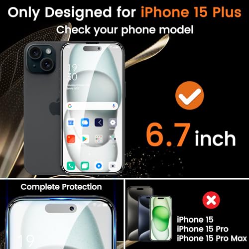 Lesakit 4+4 Pack Privacy Screen Protector for iPhone 15 Plus 6.7-Inch with 4 Pack Camera Lens Protector, Anti Spy Tempered Glass Film 9H Hardness Case Friendly - size: iPhone 15 Plus