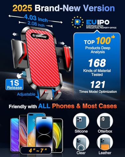 VANMASS Car Phone Holder Ultimate Military-Grade Strongest Suction & Clip Windshield Dash Best Strongest Cell Phone Automotive Dash Gauge Accents for iPhone 18 Pro Max 17 16 15 14 Red - color: Red