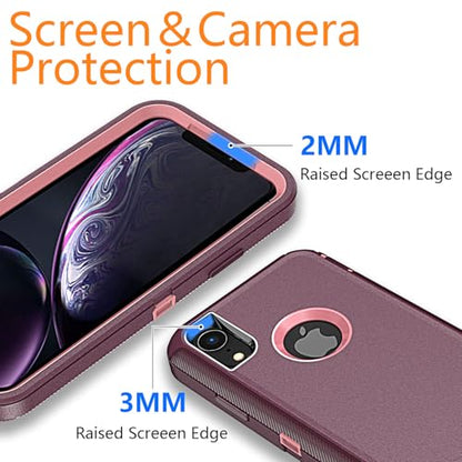 YmhxcY for iPhone XR Case, 3-Layer Full Body Protection Shockproof Drop-Proof Heavy Duty Phone Case with Belt Clip Kickstand for iPhone XR 6.1"-Wine/Pink - color: BJ-Wine/Pink