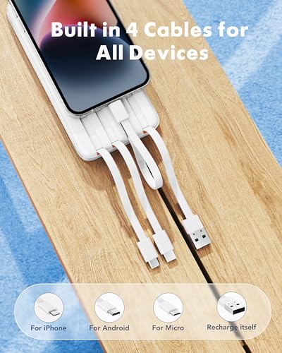 charmast Portable Charger Built-in Cables, 20000mAh Power Bank 6-Output | Travel Fast Charging Battery Pack for iPhone 17/16/15 Samsung Android, Flight-Approved, Multi-Device, USB-C & USB-A, LED % - color: White