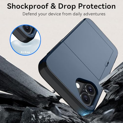 Qinmay Compatible with iPhone 16 Plus Case with Card Holder, Dual Layer Shockproof,Heavy Duty Protective Hidden Slot Slim Wallet Phone Cover，Blue - color: Blue, size: For Iphone 16 Plus