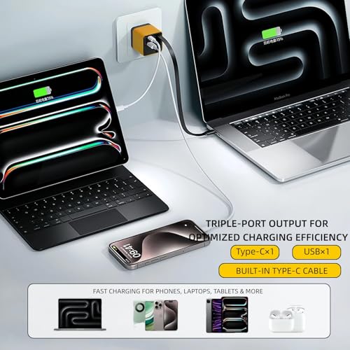 3 in 1 GaN Charger,80w Fast Charger Adapter with Type-C Cable & 2 USB Ports,Multi-Functional Retractable All in one Charger for Phone,Tablets,laptops (Yellow)