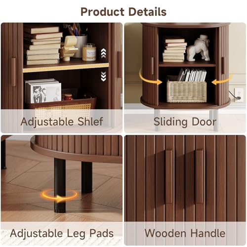 Oval End Table with Charging Station & Sliding Door (1, Walnut) - color: Walnut