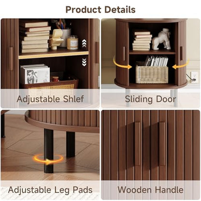 Oval End Table with Charging Station & Sliding Door (1, Walnut) - color: Walnut