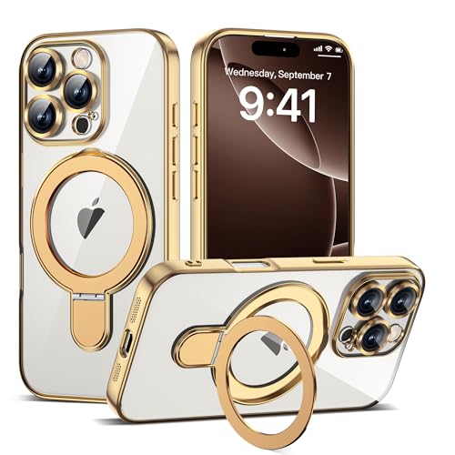 Compatible with iPhone 16 Pro Case with Invisible Magnetic Ring Stand [Compatible with Mag-Safe] [Full Camera Lens Protector] Plating Clear Phone Case for iPhone 16 Pro 6.3", Gold - color: Gold, size: Iphone 16 Pro