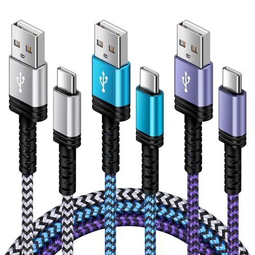 USB C Charger Cable Fast Charger Phone Android Power Cord 5FT/3Pack Braided - color: White,Blue,Purple