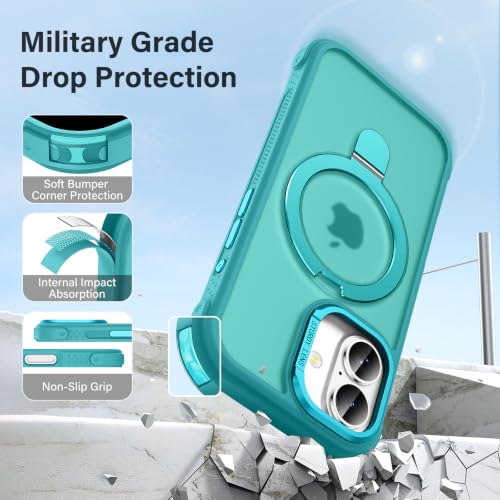 Designed for iPhone 16 Case with Magnetic Stand, Darkcyan | Certified Drop Protection, Great Grip Feeling, Matte Translucent Back Slim Shockproof Phone Cover - color: Darkcyan, size: Iphone 16