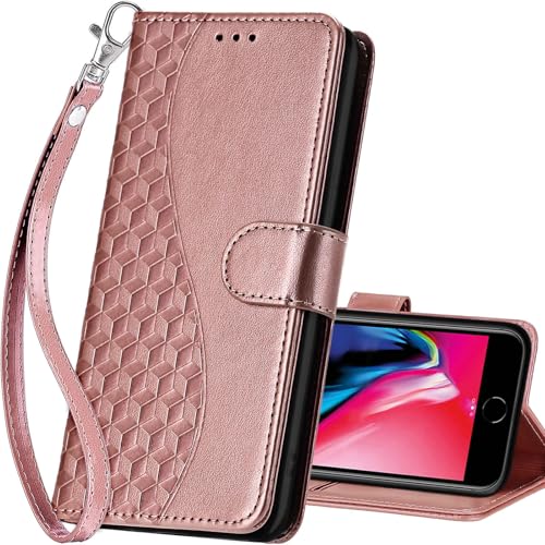for iPhone SE 2022/7/8/SE 2020 Wallet case, Rose Gold | 3 Card Holders, Kickstand, Shockproof TPU Shell, PU Leather, Magnetic Closure, Protective Flip Folio Cover, Women - color: 5