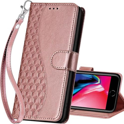 for iPhone SE 2022/7/8/SE 2020 Wallet case, Rose Gold | 3 Card Holders, Kickstand, Shockproof TPU Shell, PU Leather, Magnetic Closure, Protective Flip Folio Cover, Women - color: 5
