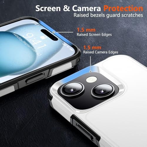 AEDILYS® for Apple Recommend Shockproof iPhone 15 Case,[15 FT Military Grade Drop Protection],with 2X [Kevlar® 9H Glass Screen Protector] (White) - color: White