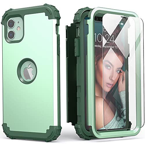 IDweel for iPhone 11 Case with Tempered Glass Screen Protector,Hybrid 3 in 1 Shockproof Heavy Duty Protection Hard PC Cover Soft Silicone Bumper Full Body Case, Mint Green - color: Mint Green