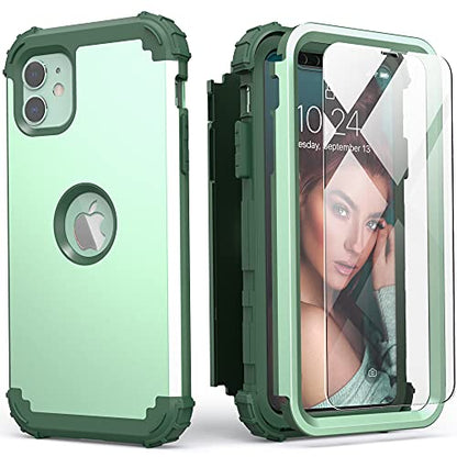 IDweel for iPhone 11 Case with Tempered Glass Screen Protector,Hybrid 3 in 1 Shockproof Heavy Duty Protection Hard PC Cover Soft Silicone Bumper Full Body Case, Mint Green - color: Mint Green