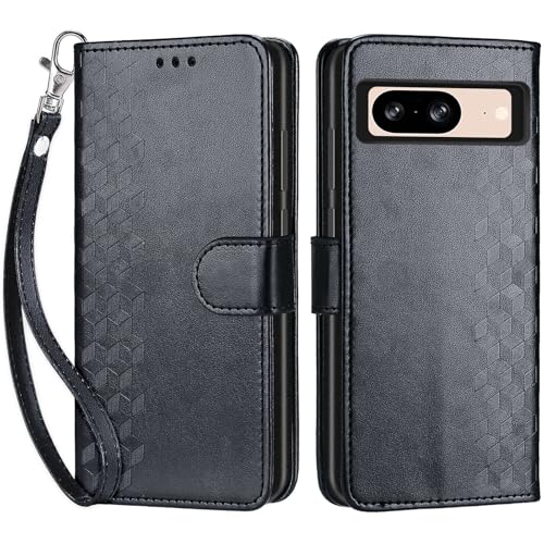 Wallet Case for Google Pixel 8, Black Cube | Women Flip Folio Cover, Embossed PU Leather, Stand, Credit Card Holders Slots, Wrist Strap - color: 1