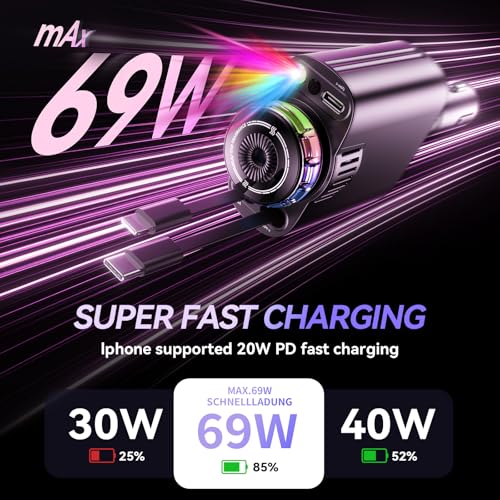 5 in 1 Retractable USB C Car Charger Fast Charge Aromatherapy Starry Sky - color: Drak Black