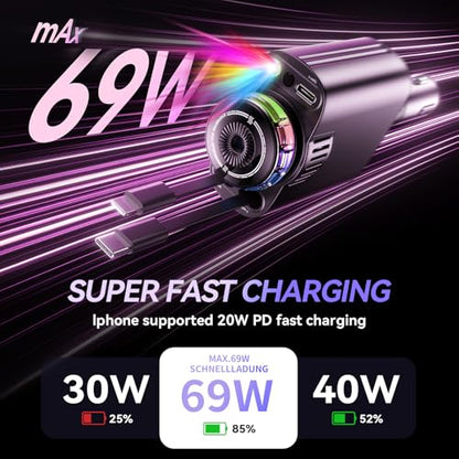 5 in 1 Retractable USB C Car Charger Fast Charge Aromatherapy Starry Sky - color: Drak Black