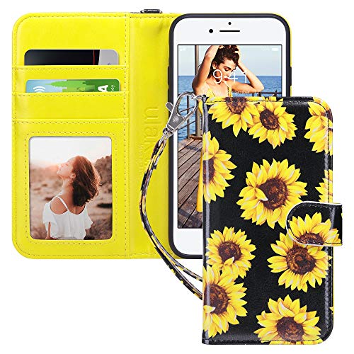 ULAK for iPhone SE 3(2022)/SE(2020)/8/7 Wallet Case Card Holder, Sunflower | Premium PU Leather Flip Case with Kickstand Card Slots,RFID Blocking,Wrist Strap, Durable Shockproof Cover 4.7 Inch - color: Sunflower