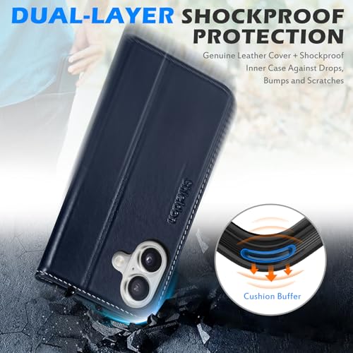 SHIELDON Genuine Leather Case Wallet for iPhone 17 6.3", Retro Dark Blue | Folio Design, Magnetic Closure, RFID Blocking, Credit Card Holder, Kickstand, Shock Absorbing Protective Cover - color: Retro Dark Blue