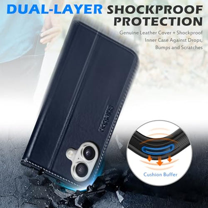 SHIELDON Genuine Leather Case Wallet for iPhone 17 6.3", Retro Dark Blue | Folio Design, Magnetic Closure, RFID Blocking, Credit Card Holder, Kickstand, Shock Absorbing Protective Cover - color: Retro Dark Blue