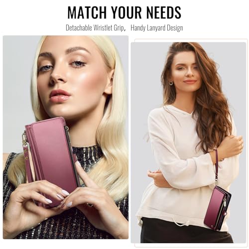 Defencase for Samsung Galaxy Z Fold 4 Wallet Case with Card Holder, WineRed | Durable Soft PU Leather, RFID Blcking Zipper Pocket, with S-Pen Holder & Strap, Flip Phone Cases with Stand for Women Men - color: Wine Red
