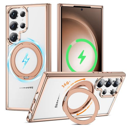 Compatible with Clear Samsung Galaxy S23 Ultra Case with 360° Invisible Magnetic Ring Stand [Compatible with Mag-Safe] Shockproof Plating Phone Case,Desert Gold - color: Desert Gold, size: Samsung Galaxy S23 Ultra