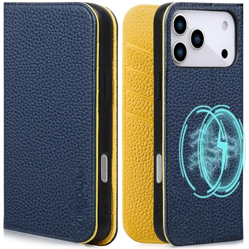 VISOUL Pebbled Leather Wallet Case for iPhone 17 Pro Max 6.9" 2025, Genuine Leather Flip Folio Cover with RFID Blocking Card Holders, Kickstand, Soft TPU Protective Flip Cover -Blue+Yellow - color: Blue+Yellow
