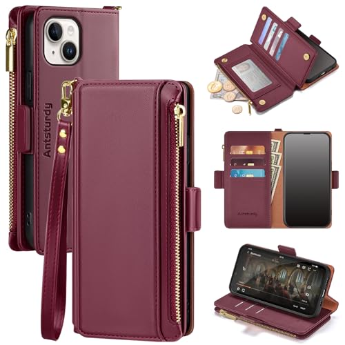 Antsturdy for iPhone 14 Plus Phone Wallet Case Women,Wine Red | RFID Blocking,with Credit Card Holder Slots,PU Leather Purse,Zipper Pocket,Wrist Strap Kickstand,Flip Folio Cover for Men - color: Wine Red