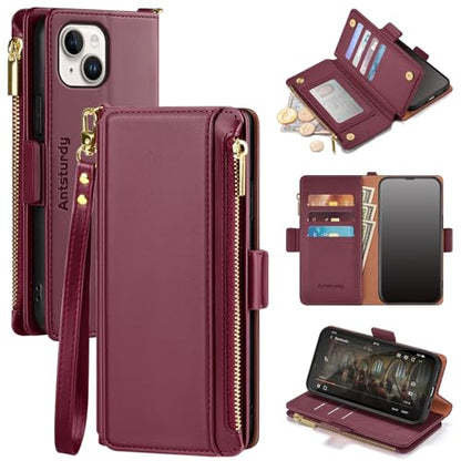 Antsturdy for iPhone 14 Plus Phone Wallet Case Women,Wine Red | RFID Blocking,with Credit Card Holder Slots,PU Leather Purse,Zipper Pocket,Wrist Strap Kickstand,Flip Folio Cover for Men - color: Wine Red