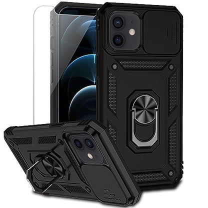 for iPhone 12 Mini Case with Camera Lens Cover HD Screen Protector, Dual Layer Military Grade Drop Protection Magnetic Ring Holder Kickstand Protective Phone Case for iPhone 12 Mini 5.4 inch (Black) - color: Black with camera cover Military-Grade 2nd gen