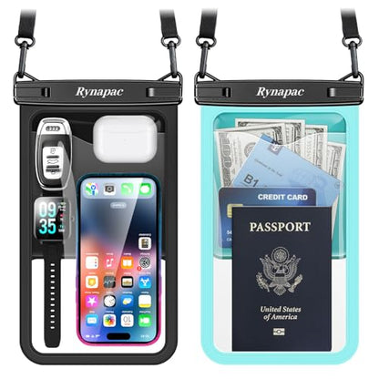Rynapac Large Waterproof Phone Pouch Up to 10", 2 Pack IPX8 Protector Pouch | Large Capacity, Touchscreen & Underwater Photos, Adjustable Lanyard for iPhone 17 16 15 Pro Max, Beach Cruise Essentials 2026 - color: [Black + Mint] Large Waterproof Phone Pouc