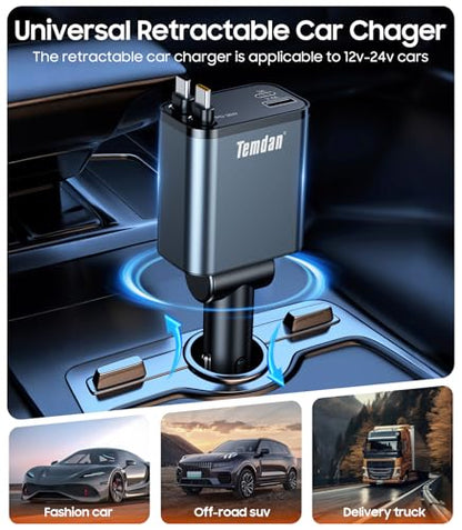 Temdan Retractable Car Charger,75W Fast Charger USB C Car Truck Accessories - color: Grey