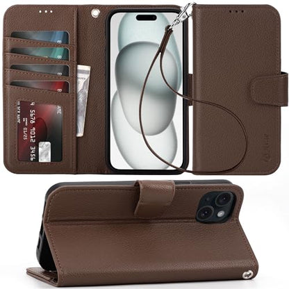 Arae Compatible with iPhone 15 Plus Case with Card Holder and Wrist Strap Wallet Flip Cover for iPhone 15 Plus 6.7 inch Men RFID Blocking Wristlet Kickstand,Litchi Brown - color: Litchi Brown, size: iPhone 15 Plus 6.7 inch