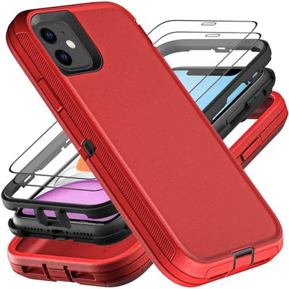 YKHJKLEC for iPhone 11 Case, Military Grade 3 in 1 Heavy Duty Shockproof/Drop Proof/Dust Proof Case with 2Pcs Tempered Glass Screen Protector (Red/Black) - color: Red/Black
