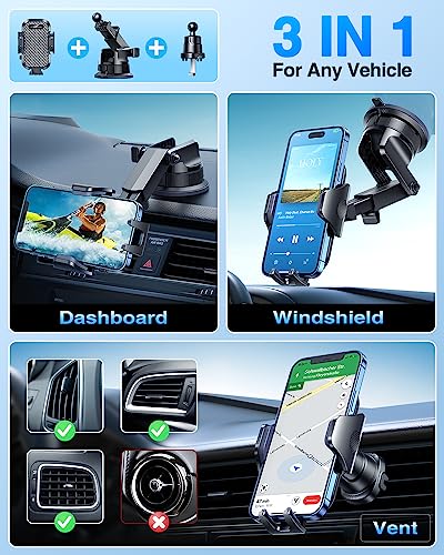 [True Military-Grade] Car Phone Holder VANMASS [Upgraded Strongest Suction&Clip] Cell Phone Mount for Dashboard Windshield Vent Kit, Truck Cradle Stand for iPhone 18 Pro Max 17 16 15 Android,Ink Black - color: Ink Black