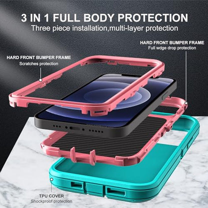 YKHJKLEC for iPhone 12/12 Pro Case, Military Grade 3 in 1 Heavy Duty Shockproof/Drop Proof/Dust Proof with 2Pcs Tempered Glass Screen Protector (Aqua Blue/Pink) - color: Aqua Blue/Pink