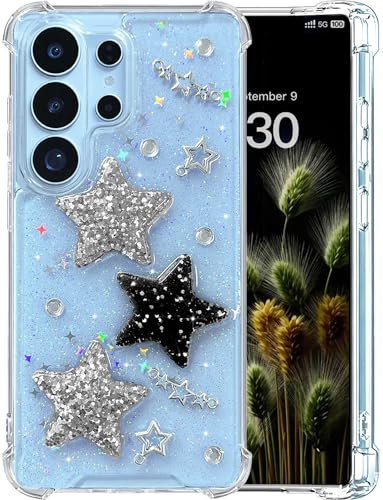 【3D Stars】for Samsung Galaxy S26 Ultra Case Cute Glitter Clear Case 3D Stars Design Kawaii White Black Bling Stars Case Sparkly Protective Shockproof Slim Protective Phone Cover for Women Girls Girly - color: Glitter Stars, size: for Galaxy S26 Ultra