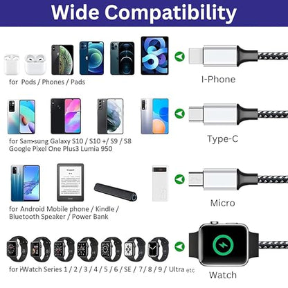 4 in 2 Multi Charging Cable for Apple Watch Charger, Upgraded Wireless USB C iWatch Charger Fast Charging with Type C/Light-ning Compatible with iWatch Ultra SE 10-1, i-Phone 16-11, Android (4FT)